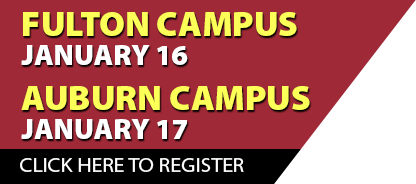 Register for Spring Orientation for Thursday, January 16th in Fulton, or Friday, January 17th in Auburn. Click to fill out the registration form.
