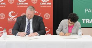 Cayuga Community College President Dr. Brian Durant and Le Moyne College President Dr. Linda LeMura signed an agreement Wednesday strengthening opportunities for Cayuga students to continue their education at Le Moyne after earning their Associate’s Degree at Cayuga.