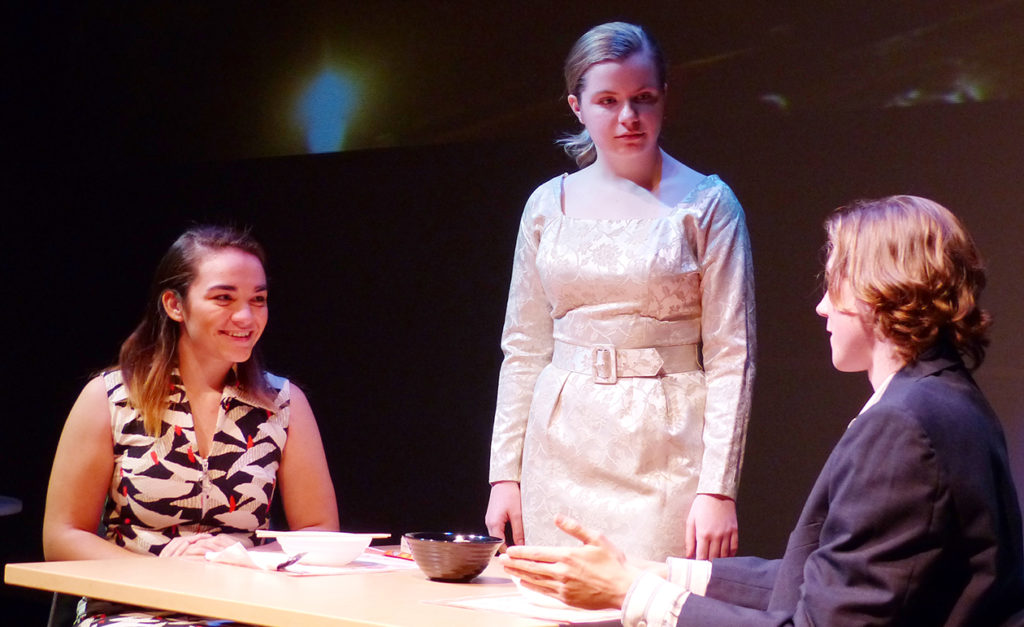 Cayuga students, from left, Allie McLeod, Jennifer O’Neil and Patrick Mahunik perform in “Spirit That Won’t Let Me Go,” which was part of Harlequin Productions’ fall show “All Around the Table.” The entire cast was recognized by the Theatre Association of New York State for their performances.